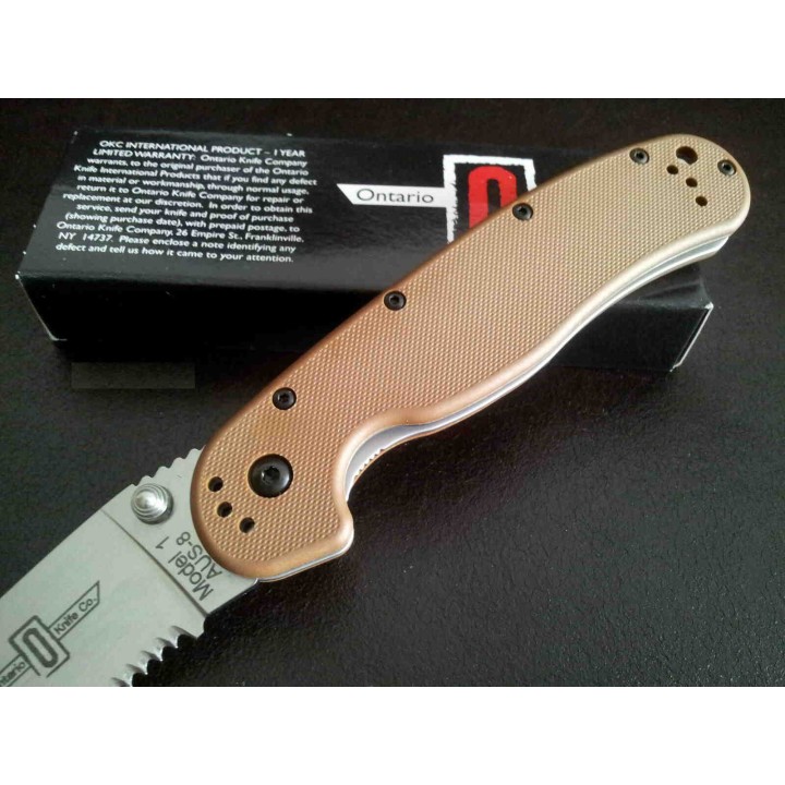 Couteau Ontario RAT 1 Tactical Manche Coyote brown Lame Combo Acier AUS-8 ON8849CB - Livraison Gratuite