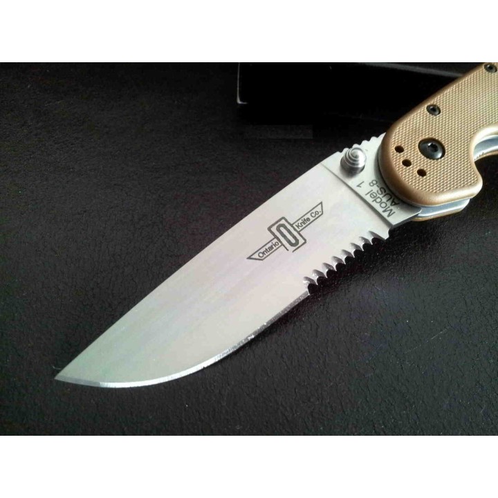 Couteau Ontario RAT 1 Tactical Manche Coyote brown Lame Combo Acier AUS-8 ON8849CB - Livraison Gratuite