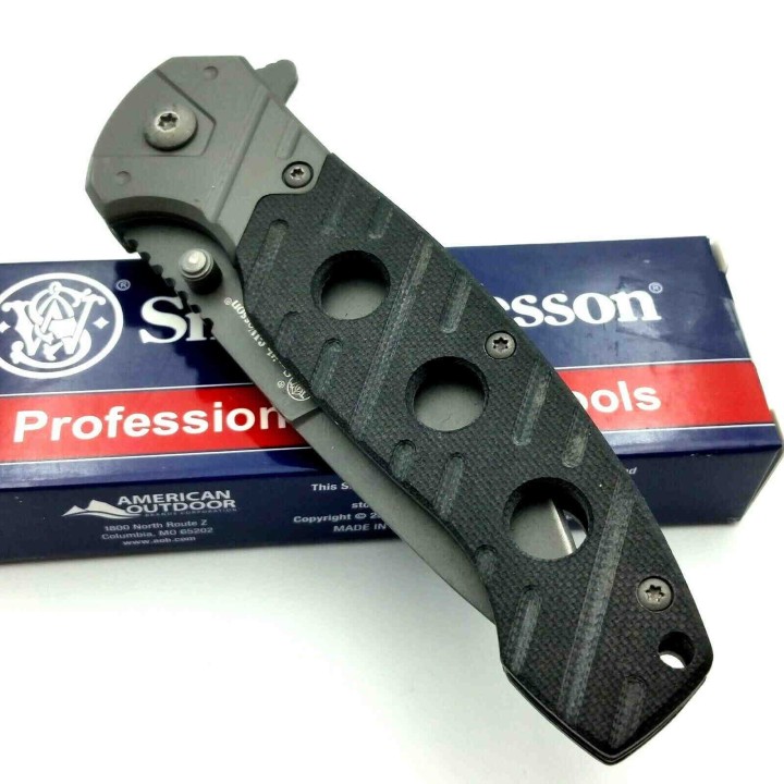 Couteau Smith&Wesson Lame Acier 8Cr13MoV Serr Manche Black G-10 Linerlock SW1100062 - Livraison Gratuite