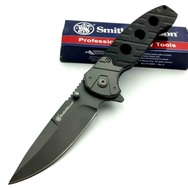 Couteau Smith&Wesson Lame Acier 8Cr13MoV Serr Manche Black G-10 Linerlock SW1100062 - Livraison Gratuite