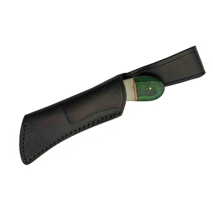Couteau Damas Skinner Hook Lame 256 Couches Manche Bois/Os Etui Cuir DM1260GN - Livraison Gratuite