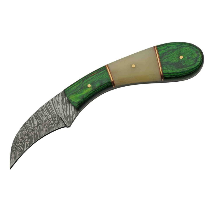 Couteau Damas Skinner Hook Lame 256 Couches Manche Bois/Os Etui Cuir DM1260GN - Livraison Gratuite