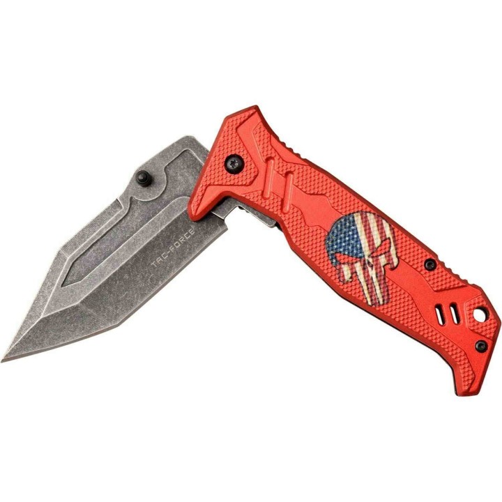 Couteau Punisher Red Tac Force A/O Tanto Lame Acier 3Cr13 Manche Alu Skull TF1025RD - Livraison Gratuite
