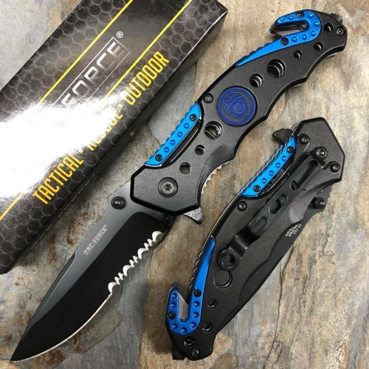 Couteau Tac Force Police A/O Manche Blue/Black Coupe Ceintures Brise Vitres TF723BL - Livraison Gratuite