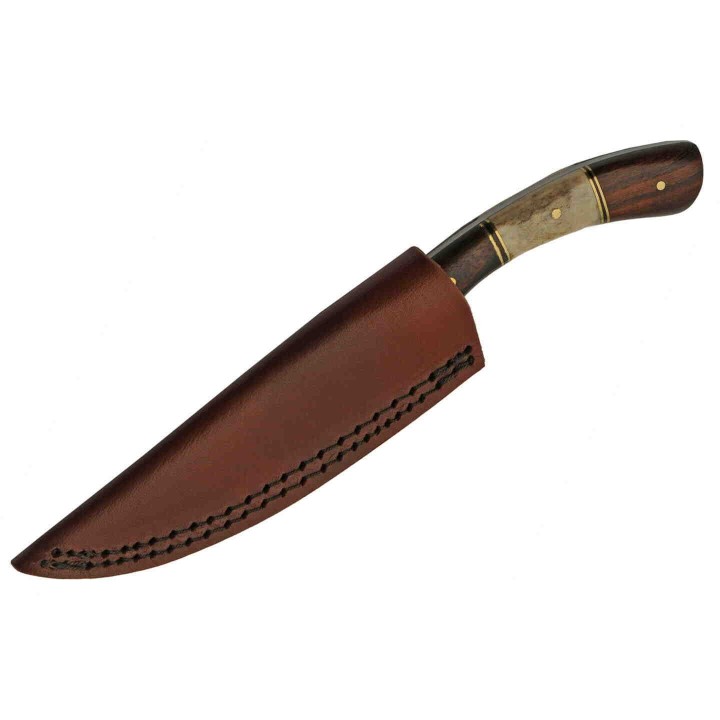 Couteau Damas Skinner Curved Lame 256 Couches Manche Cerfé Etui Cuir DM1268 - Livraison Gratuite