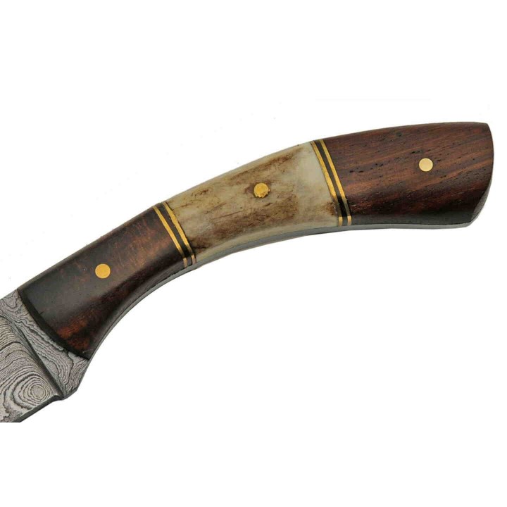 Couteau Damas Skinner Curved Lame 256 Couches Manche Cerfé Etui Cuir DM1268 - Livraison Gratuite
