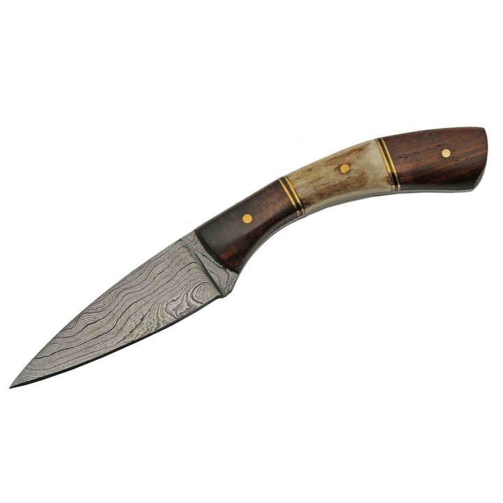 Couteau Damas Skinner Curved Lame 256 Couches Manche Cerfé Etui Cuir DM1268 - Livraison Gratuite