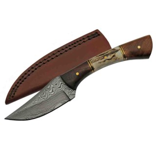 Couteau Damas Skinner Stag Bone Lame 256 Couches Manche Cerfé Etui Cuir DM1269 - Livraison Gratuite