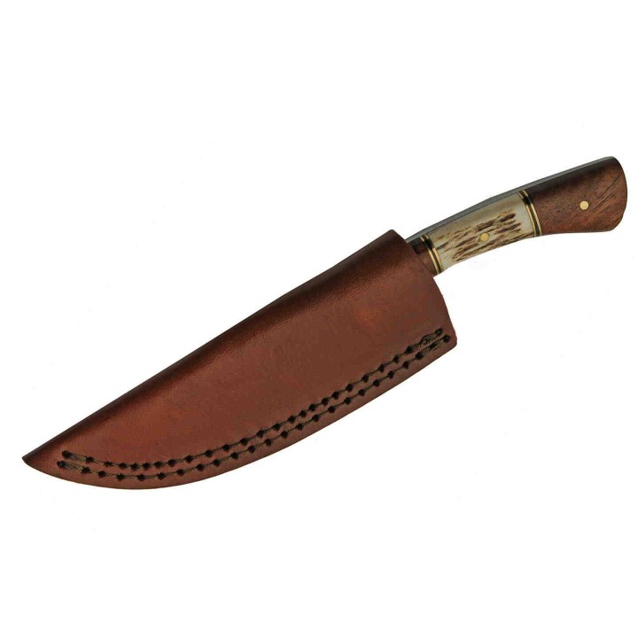 Couteau Damas Skinner Stag Bone Lame 256 Couches Manche Cerfé Etui Cuir DM1269 - Livraison Gratuite