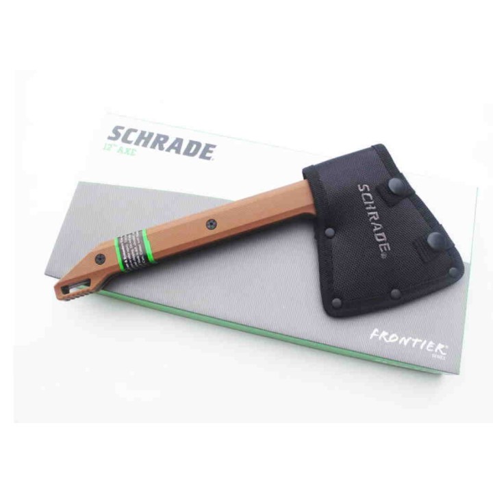 Hache Viking Schrade Frontier Axe Tan Manche GFN Lame Acier 3Cr13 Etui Nylon SCH1121076 - Livraison Gratuite