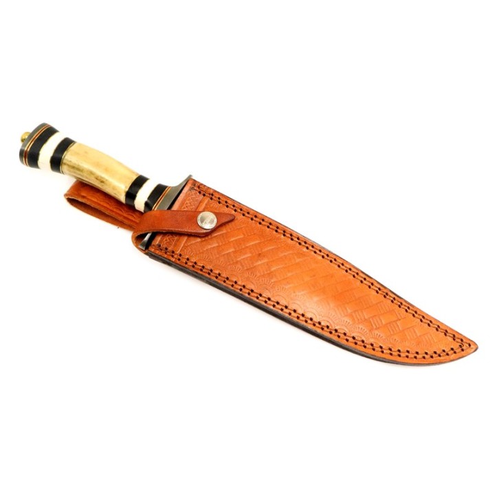 Couteau Bowie Damas 256 Couches Manche Bois Chevreuil Etui Cuir Marbles MR571 - Livraison Gratuite