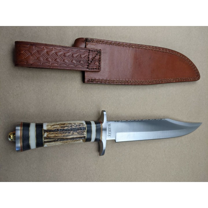 Couteau Bowie Manche Bois Chevreuil Lame Acier Inox Etui Cuir Marbles MR572 - Livraison Gratuite