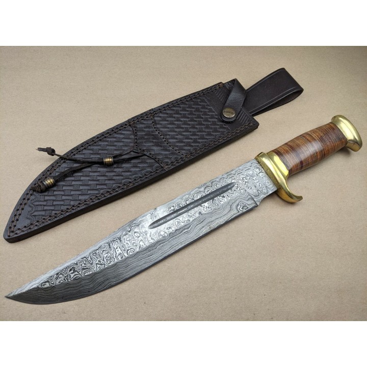 Couteau Bowie Damas 256 Couches Marbles Stacked Leather Hunter Acier Damas Manche Cuir Etui Cuir MR586 - Livraison Gratuite