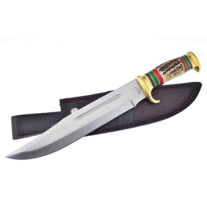Couteau Bowie Manche Bois Chevreuil Lame Acier Inox Etui Cuir Marbles MR574 - Livraison Gratuite