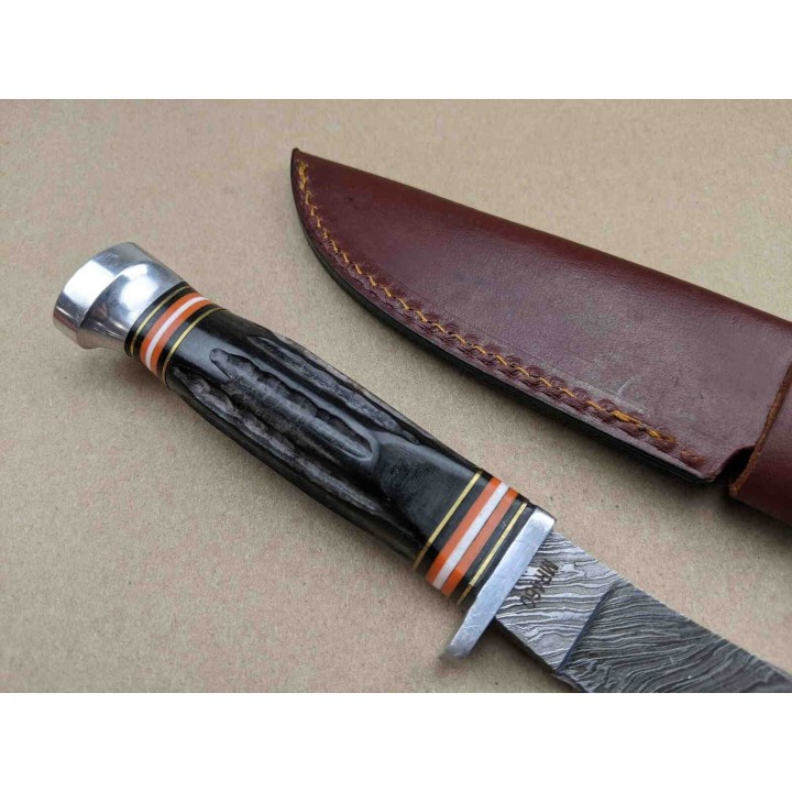 Couteau Damas Lame 256 Couches Manche Corne Etui Cuir Marbles MR460 - Livraison Gratuite