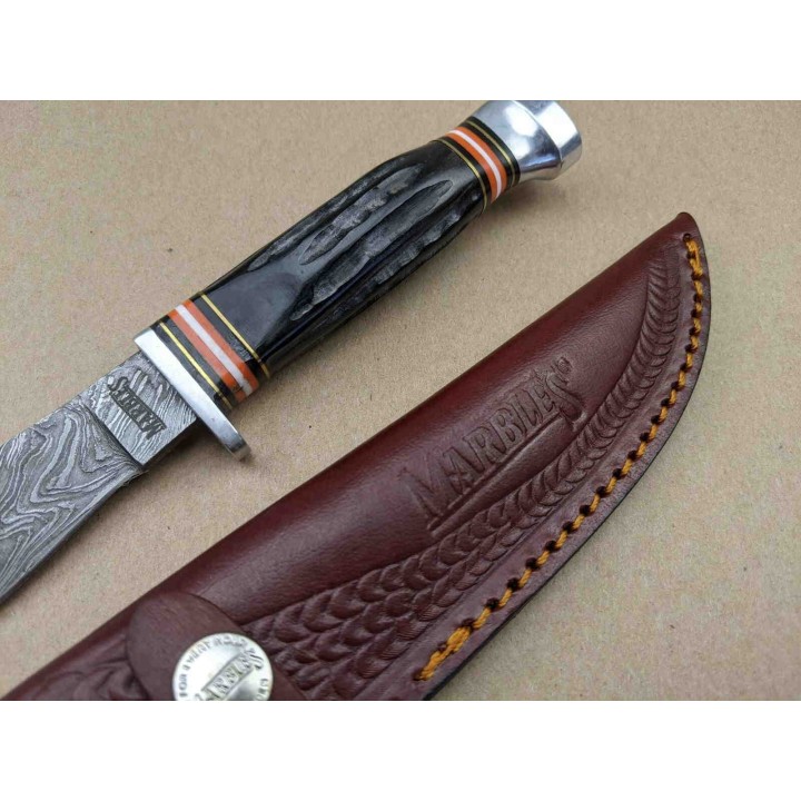 Couteau Damas Lame 256 Couches Manche Corne Etui Cuir Marbles MR460 - Livraison Gratuite