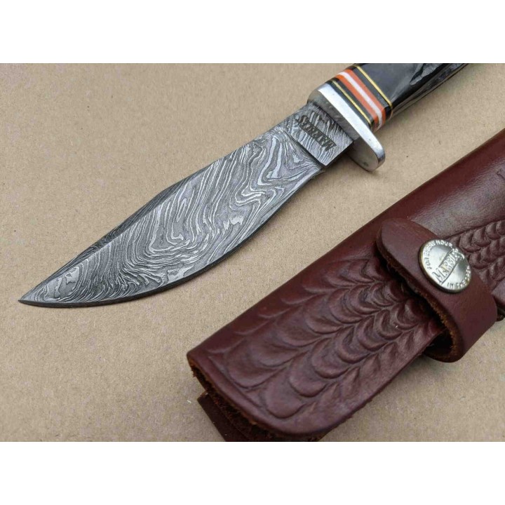 Couteau Damas Lame 256 Couches Manche Corne Etui Cuir Marbles MR460 - Livraison Gratuite