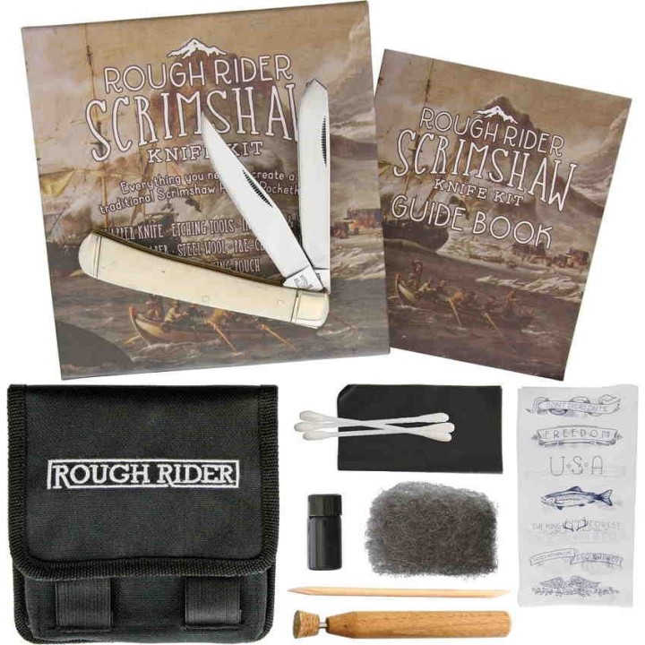 RR1579 Couteau Rough Ryder Kit de Scrimshaw Lames Acier 440 Manche Os Etui Nylon - Livraison Gratuite