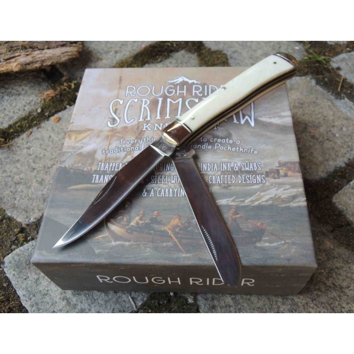 RR1579 Couteau Rough Ryder Kit de Scrimshaw Lames Acier 440 Manche Os Etui Nylon - Livraison Gratuite