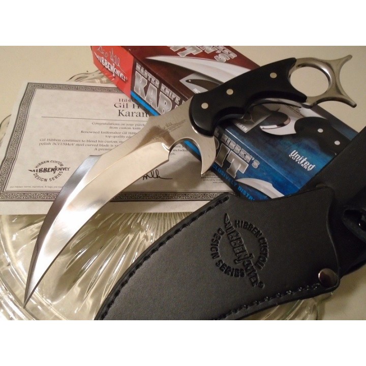 Couteau Karambit Gil Hibben Silver Chrome Lame Acier 5Cr15 Manche Micarta Etui Cuir GH5054 - Livraison Gratuite