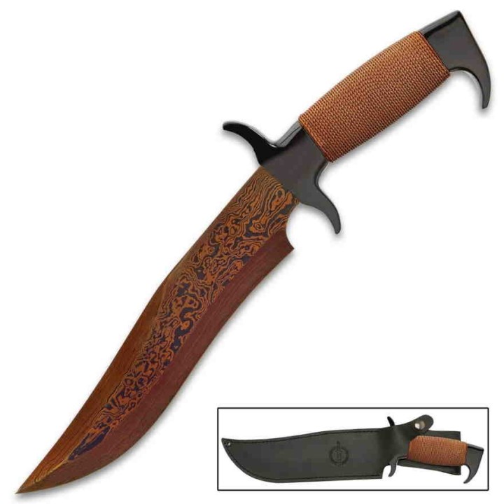 Couteau Hibben Damascus Hellfyre Highlander Bowie Lame Acier Damas Etui Cuir GH5089 - Livraison Gratuite
