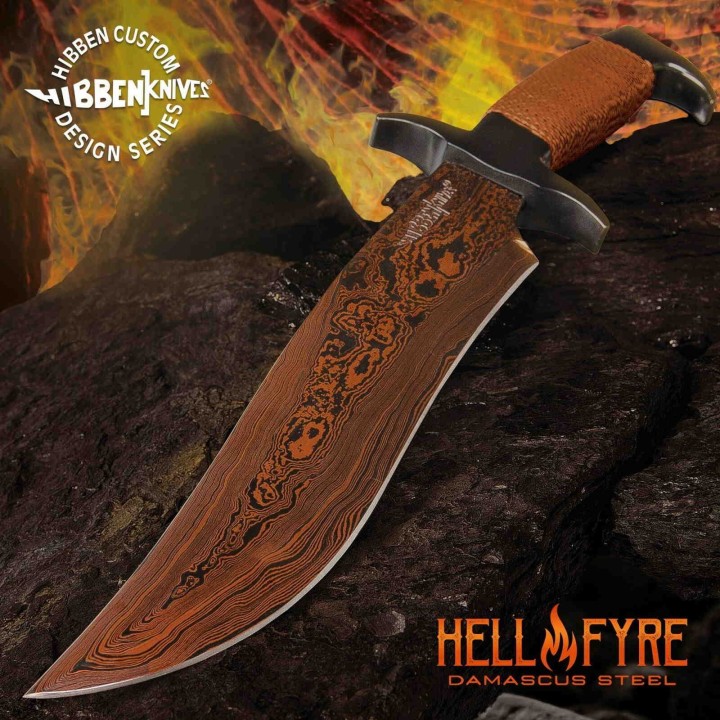 Couteau Hibben Damascus Hellfyre Highlander Bowie Lame Acier Damas Etui Cuir GH5089 - Livraison Gratuite