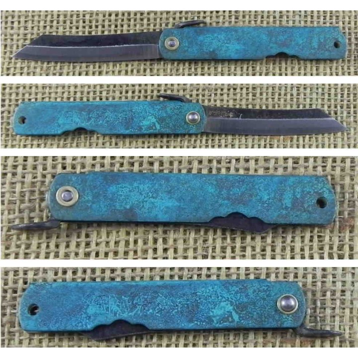 HIGO153 Couteau Higonokami Koriwa Turquoise Blue Paper Manche Laiton Turquoise Made In Japan - Livraison Gratuite