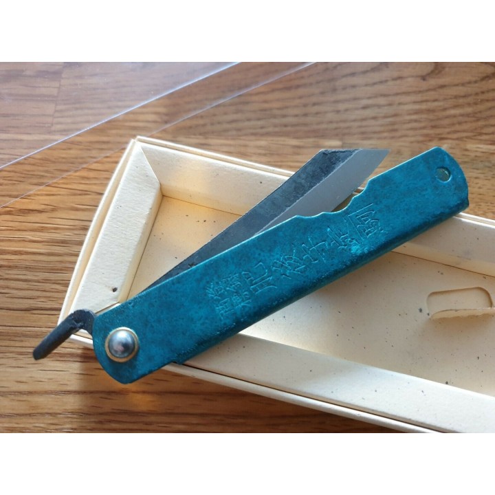 HIGO153 Couteau Higonokami Koriwa Turquoise Blue Paper Manche Laiton Turquoise Made In Japan - Livraison Gratuite