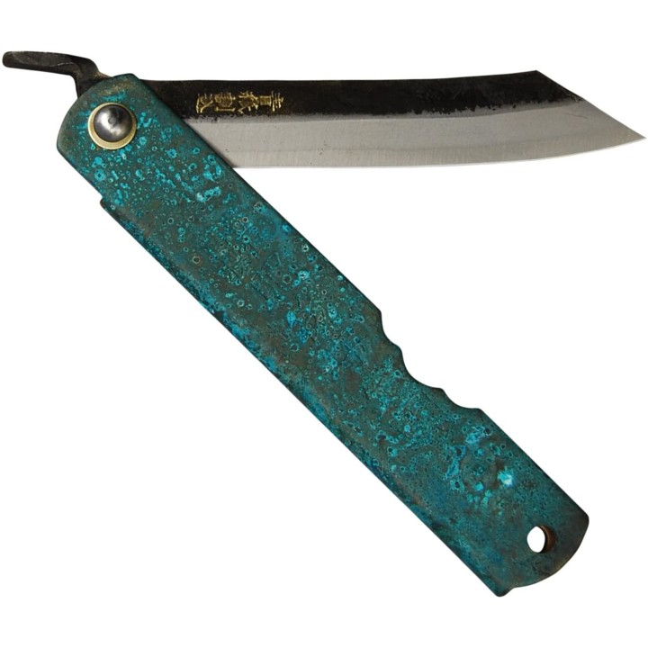 HIGO153 Couteau Higonokami Koriwa Turquoise Blue Paper Manche Laiton Turquoise Made In Japan - Livraison Gratuite