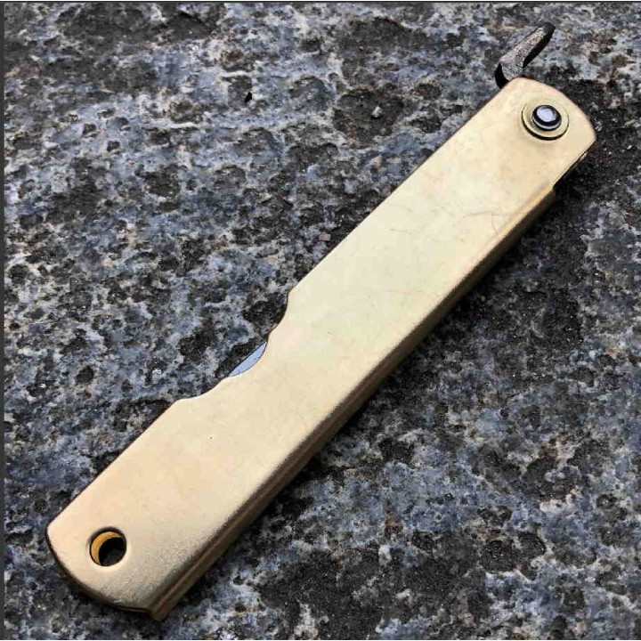 HIGO75 Couteau Higonokami Brass Blue Paper Manche Laiton Made In Japan - Livraison Gratuite