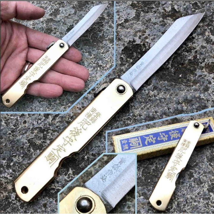 HIGO75 Couteau Higonokami Brass Blue Paper Manche Laiton Made In Japan - Livraison Gratuite