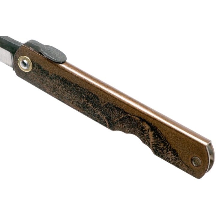 HIGOC2B Couteau Higonokami N° 2 Folder Blue Paper Manche Métal Black/Brown Made Japan - Livraison Gratuite