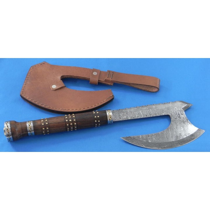 Hache De Viking Lame Damas 256 Couches Manche Bois Etui Cuir DM1107 - Livraison Gratuite