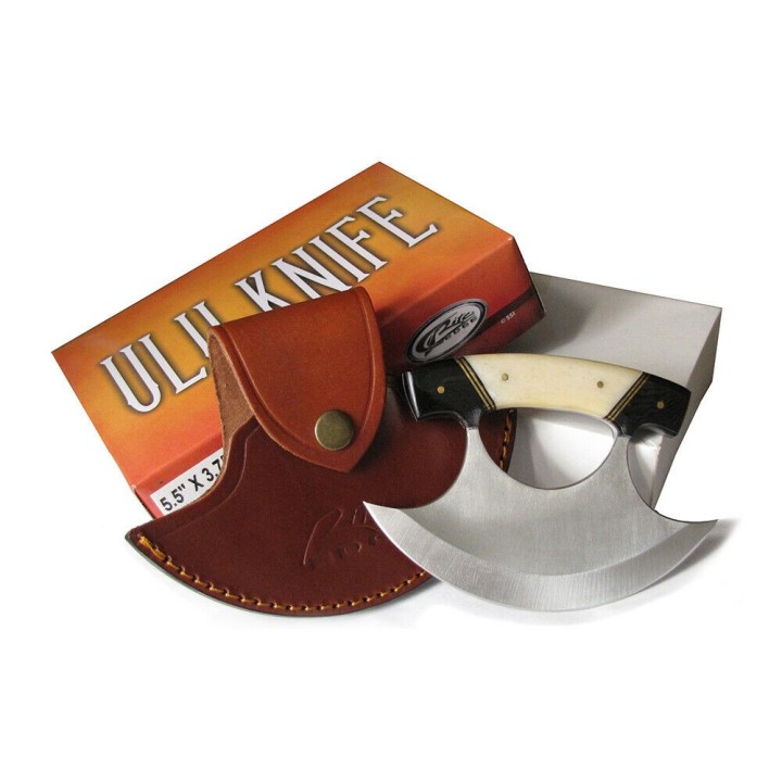 Couteau D'esquimeau ULU Inuit Lame Acier Inox Manche Os/Corne Etui Cuir CN8026HN - Livraison Gratuite