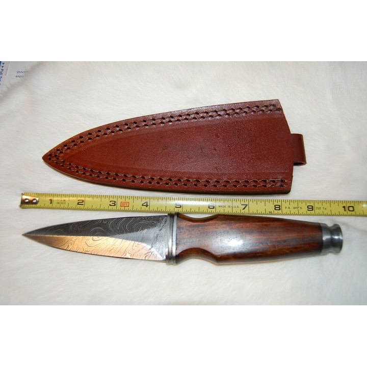 Dague Couteau Scottish Sgian Dubh Damas 256 Couches Manche Bois Etui Cuir DM1263 - Livraison Gratuite