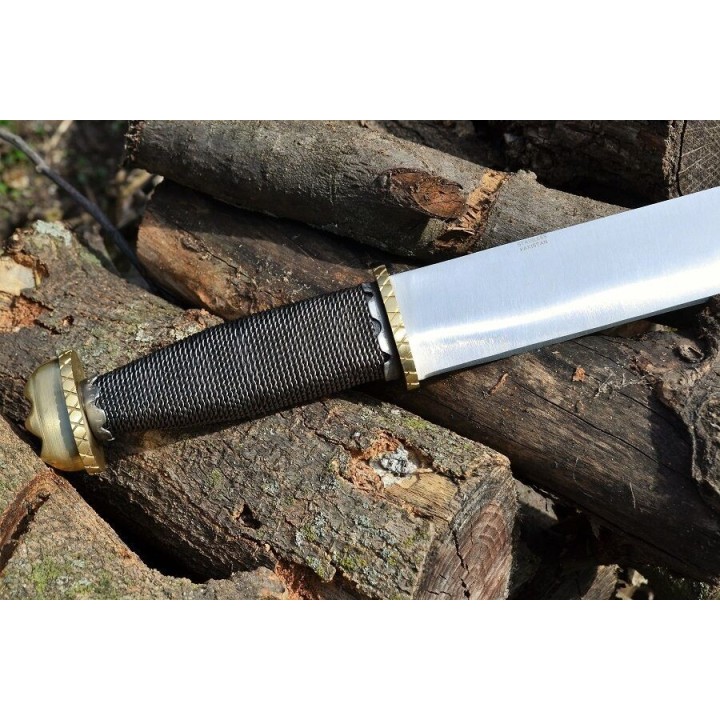 Couteau De Viking Seax Lame Acier Inox Manche Chainette Etui Cuir PA3340 - Livraison Gratuite