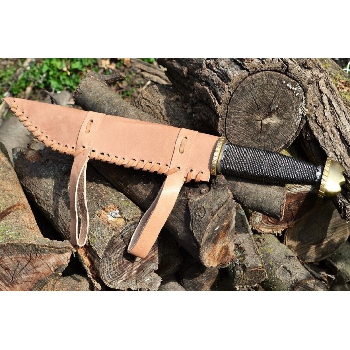 Couteau De Viking Seax Lame Acier Inox Manche Chainette Etui Cuir PA3340 - Livraison Gratuite