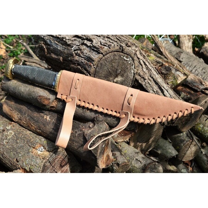 Couteau De Viking Seax Lame Acier Inox Manche Chainette Etui Cuir PA3340 - Livraison Gratuite