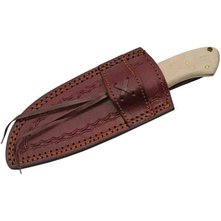 Couteau de Chasse Damas Lame 256 Couches Manche Os/Turquoise Etui Cuir DM1275 - Livraison Gratuite