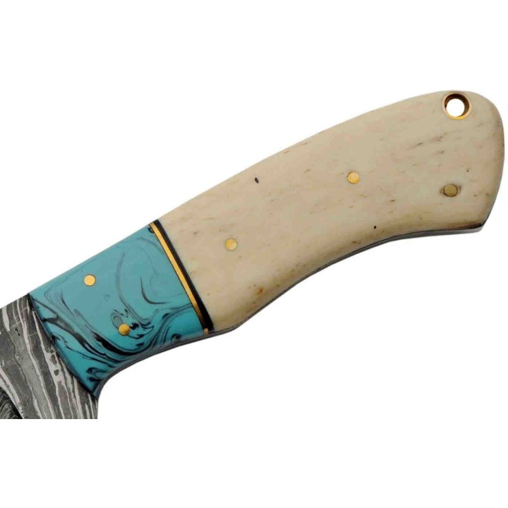 Couteau de Chasse Damas Lame 256 Couches Manche Os/Turquoise Etui Cuir DM1275 - Livraison Gratuite
