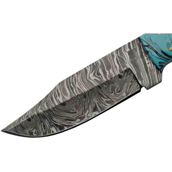 Couteau de Chasse Damas Lame 256 Couches Manche Os/Turquoise Etui Cuir DM1275 - Livraison Gratuite