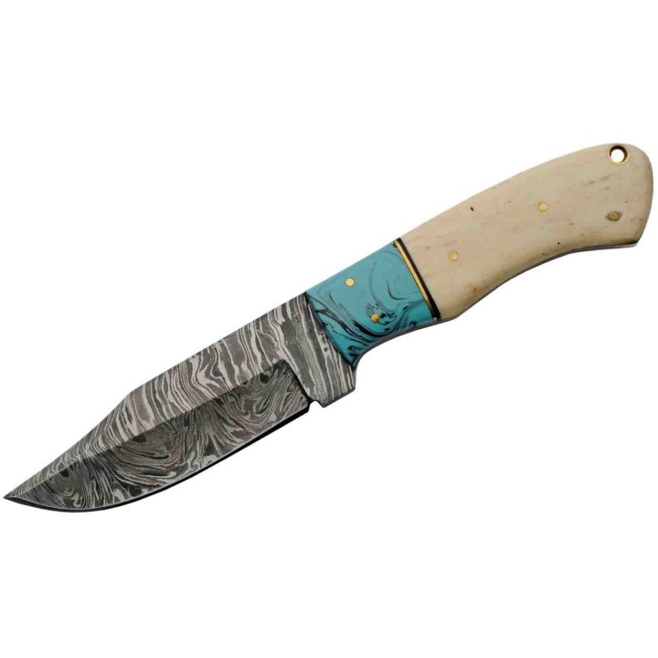 Couteau de Chasse Damas Lame 256 Couches Manche Os/Turquoise Etui Cuir DM1275 - Livraison Gratuite