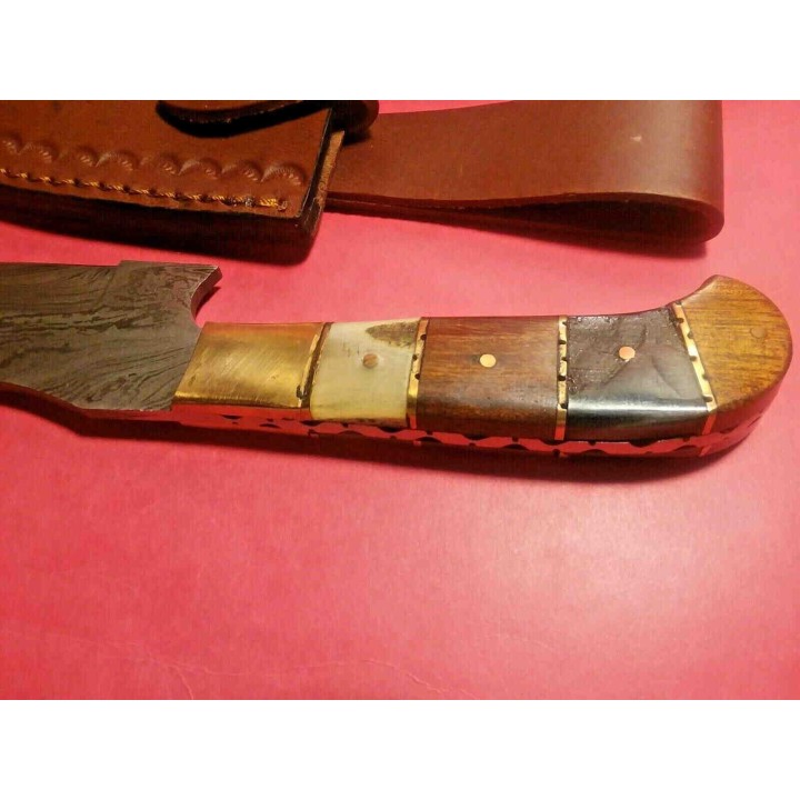 Couteau de Chasse Damas Lame 256 Couches Manche Noyer & Corne Etui Cuir DM1253 - Livraison Gratuite