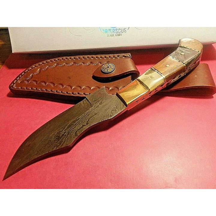 Couteau de Chasse Damas Lame 256 Couches Manche Noyer & Corne Etui Cuir DM1253 - Livraison Gratuite