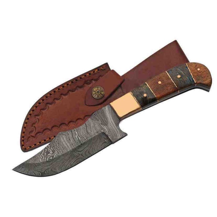 Couteau de Chasse Damas Lame 256 Couches Manche Noyer & Corne Etui Cuir DM1253 - Livraison Gratuite