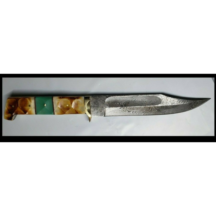 Couteau Burnt Bone Bowie Damas Lame 256 Couches Manche Os Etui Cuir DM1256 - Livraison Gratuite