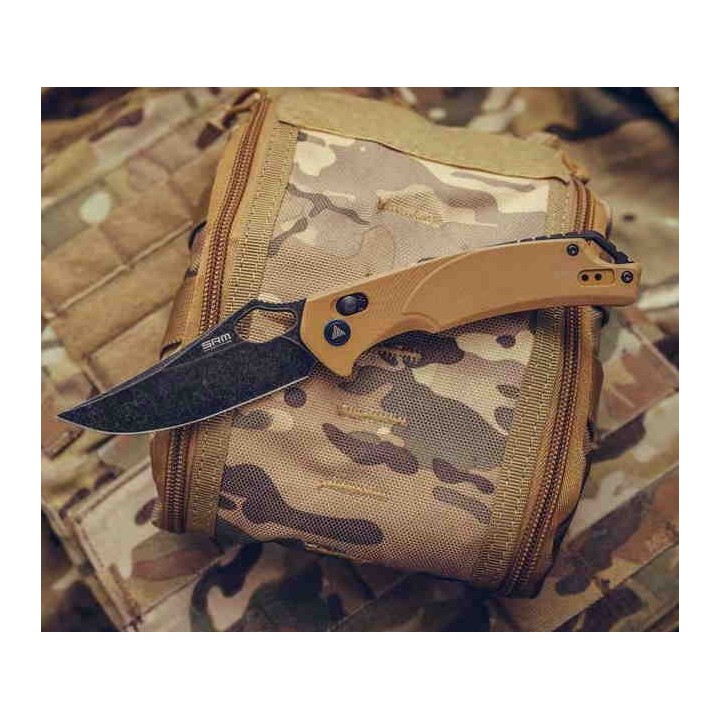 Couteau SRM Knives 9202 Ambi Lock Lame D2 Manche Brown G10 Clip SRM9202GW - Livraison Gratuite