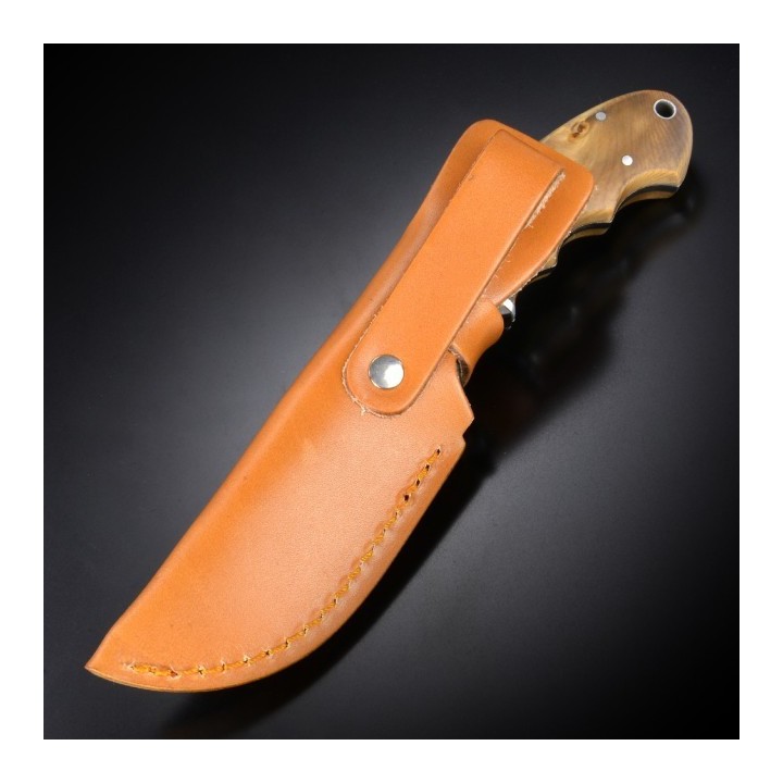 Couteau de Chasse Elk Ridge Hunter Lame Acier Carbone/Inox Manche 2 Bois Etui Cuir ER128 - Livraison Gratuite