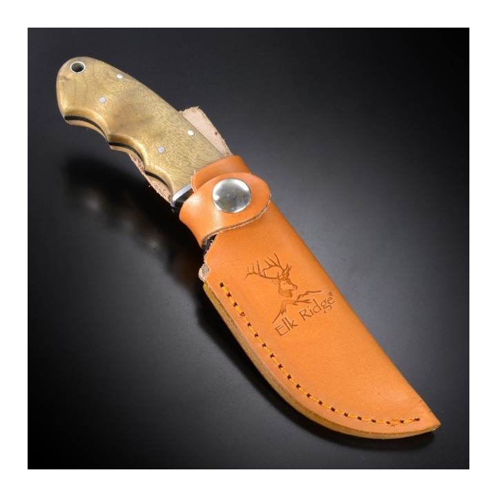 Couteau de Chasse Elk Ridge Hunter Lame Acier Carbone/Inox Manche 2 Bois Etui Cuir ER128 - Livraison Gratuite