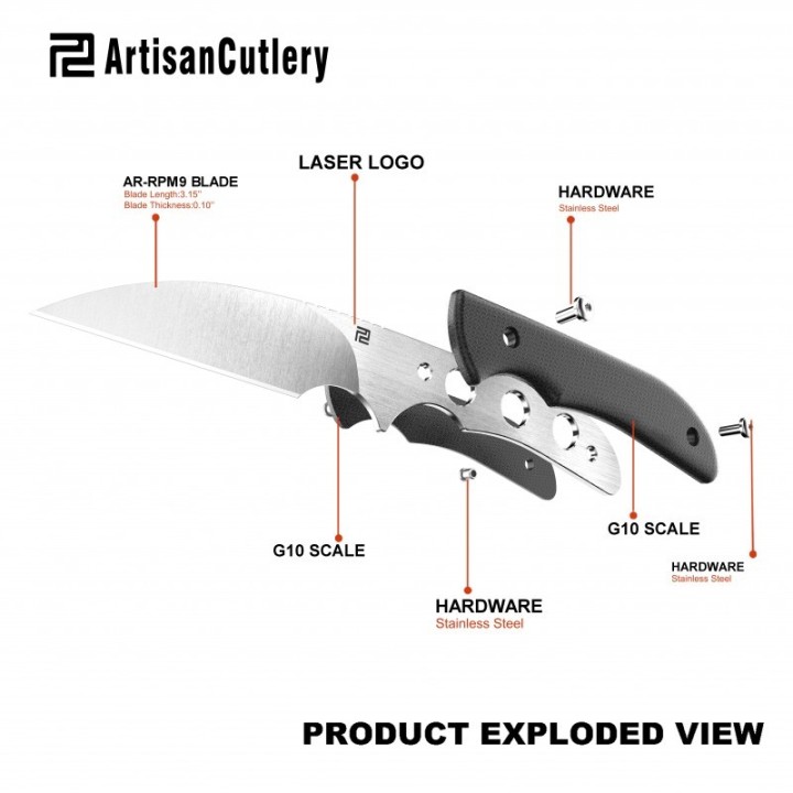 Couteau Artisan Cutlery Sea Snake Black Lame Acier AR-RPM9 Manche G10 Etui Kydex ATZ1842BBK - Livraison Gratuite